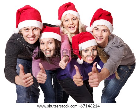 Group young people in santa hat show thumbs up. Isolated.