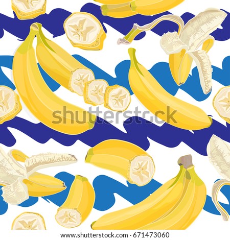 Seamless hand drawn tropical pattern with banana fruit on white and blue background. Fashion textile print, summer floral wallpaper. Vector illustration, botanical drawing