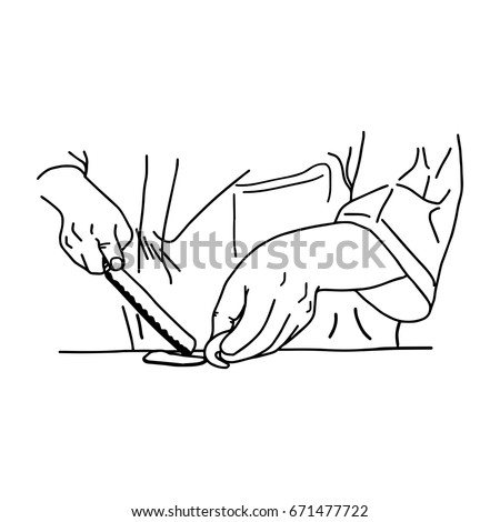 hand of asian chef filleting fish to make sushi at restaurant - vector illustration sketch hand drawn with black lines, isolated on white background