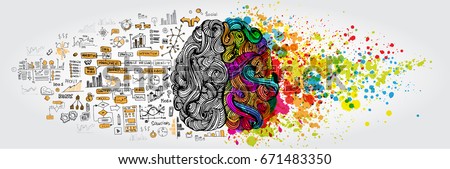 Left right human brain concept. Creative part and logic part with social and business doodle Royalty-Free Stock Photo #671483350