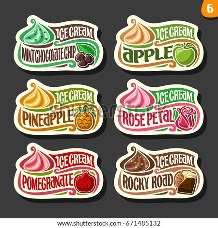 Vector set of fruit Ice Cream labels: 6 logos of different flavor italian icecream dessert, six art icons with title - ice cream, on black background, soft mixed gelato served of swirl cone.