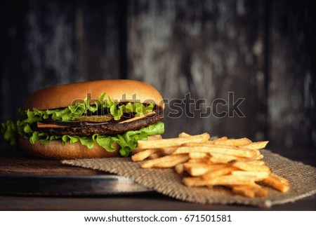 Delicious hamburger with french fries