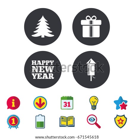 Happy new year icon. Christmas tree and gift box signs. Fireworks rocket symbol. Calendar, Information and Download signs. Stars, Award and Book icons. Light bulb, Shield and Search. Vector