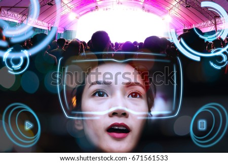 Virtual Reality Glasses Using By Young Women See a Beautiful Illustration light colors of Concert Royalty-Free Stock Photo #671561533