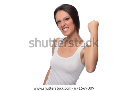 A young happy girl on a white background