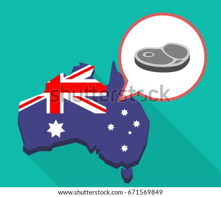 Illustration of a long shadow map of Australia with a comic balloon and  a steak icon