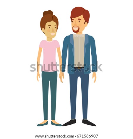 colorful silhouette of man and woman standing and her with light brown hair collected and him in casual clothes and beard van dyke vector illustration