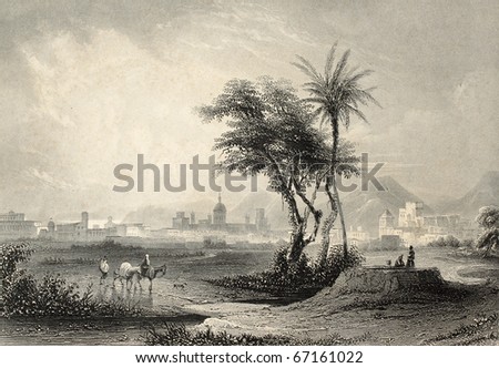 Antique illustrations of Palermo surroundings, Italy. Original engraving created by J. Muller and A. H. Payne in 1840 ca