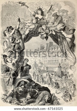 Old allegoric illustration of Mardi Gras (Fat Tuesday) during Carnival celebrations in Paris. Original, by Belin, Le Chevalier  and Paulin, published on L'Illustration, Journal Universel, Paris, 1860