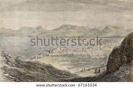 Old engraving of a view of Palermo from Mount Pellegrino. Original was created by Rev. S. C. Malan and was published on the "Illustrated London News" in 1860.