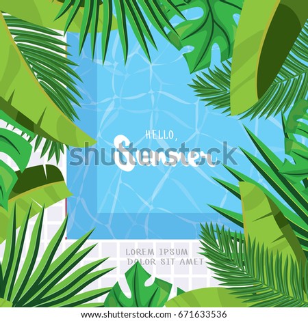 Hello, Summer. Holiday greeting card with  tropical palm leaves,swimming pool and calligraphy elements. Handwritten modern lettering with cartoons background. Vector