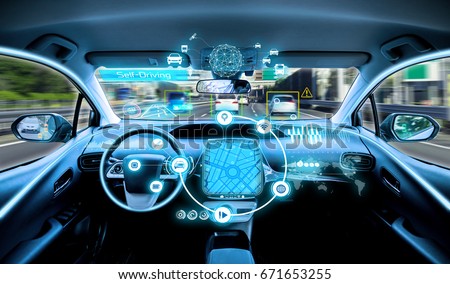 empty cockpit of vehicle. HUD(Head Up Display) and digital instruments panel, autonomous car Royalty-Free Stock Photo #671653255