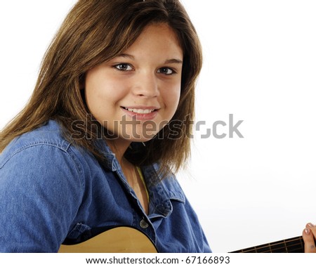 A portrait of a beautiful young teen holding a guitar.  Isolated on white.