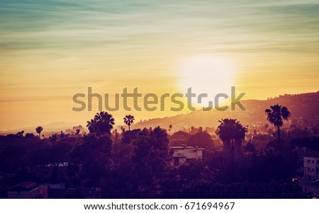 Los Angeles mountains with palm trees at sunset. Vintage tone