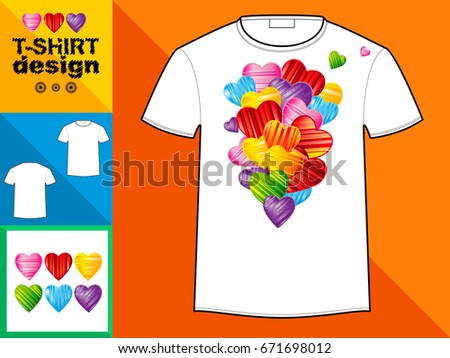 Template T-shirt with an trendy design: Heart made of colorful splash hearts. 