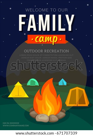 Poster in flat style with camping tent and campfire for family adventure camp.