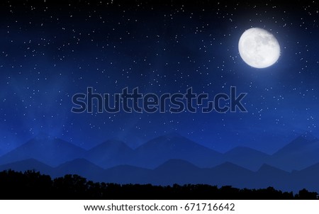 Forest in front of mountains and deep night sky with many stars and moon background