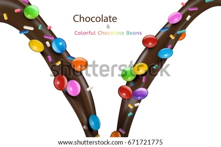Colorful chocolate beans with creamy chocolate sauce pouring down from top in 3d illustration, isolated on white background