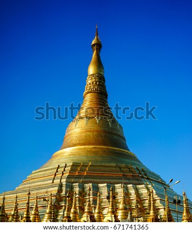 Top of Golden Stupa of Shwedagon Pagoda in Yangon, Myanmar. Shwedagon Pagoda is the most popular and well-known pagoda in Yangon.