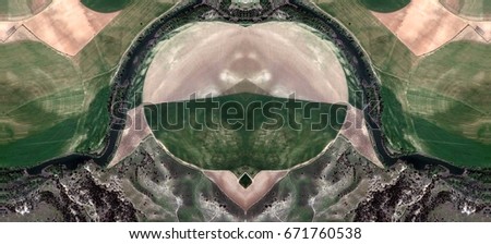 Hawk Eye, Tribute to Dalí, abstract symmetrical photograph of Spain fields from the air ,artistic representation of human labor camps, aerial view,abstract expressionism,mirror effect,