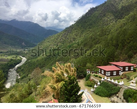 Mountain Top View of Monastery, Bhutan