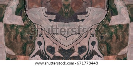 The furrows of life, Tribute to Dalí, abstract symmetrical photograph of Spain fields from the air ,artistic representation of human labor camps, aerial view,abstract expressionism,mirror effect,