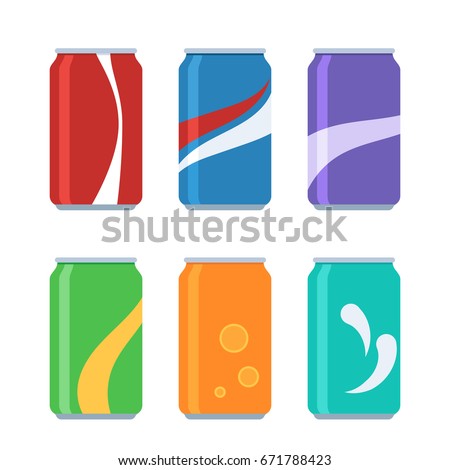 Icon set soda in colored aluminum cans. Cold drinks sign. Vector illustration in cartoon style isolated on white background Royalty-Free Stock Photo #671788423