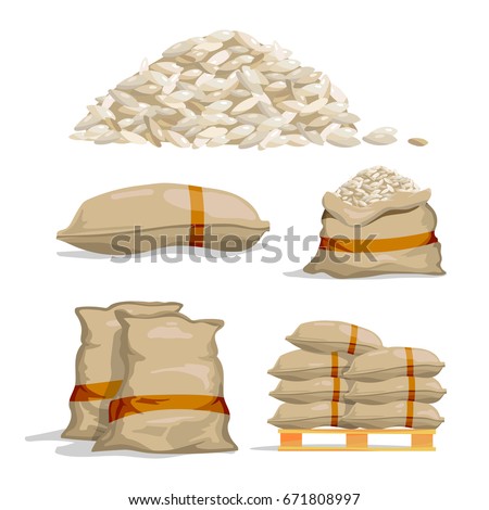 Different sacks of white rice. Food storage vector illustrations Royalty-Free Stock Photo #671808997