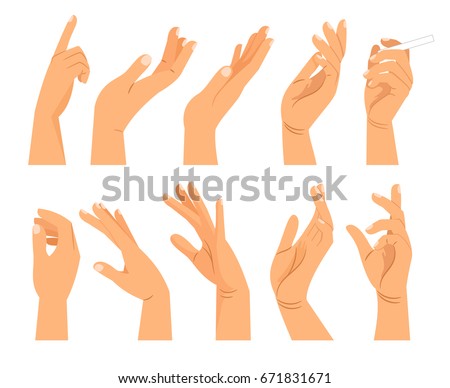 Hand gestures in different positions. Vector hands showing and pointing, holding and representing