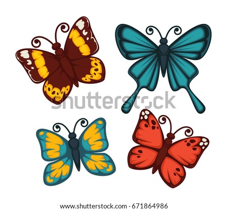 Butterflies in bright colors set isolated on white