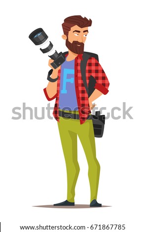 Vector cartoon style character of photographer. Isolated on white background. Royalty-Free Stock Photo #671867785