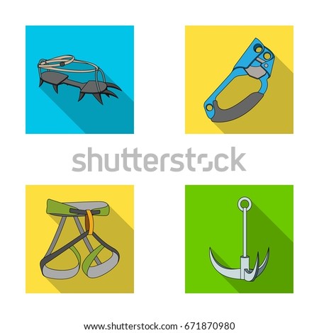 Hook, mountaineer harness, insurance and other equipment.Mountaineering set collection icons in flat style vector symbol stock illustration web.
