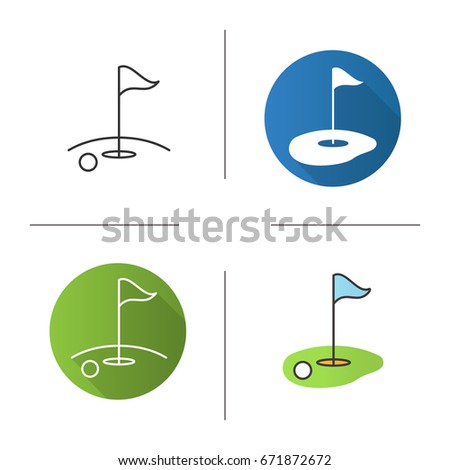 Golf course icon. Flat design, linear and color styles. Golf flagstick in hole with ball. Isolated vector illustrations