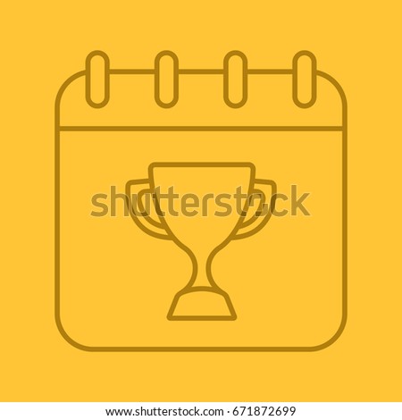 Competition day linear icon. Tournament date. Calendar page with winner's trophy cup. Thin line outline symbols on color background. Vector illustration