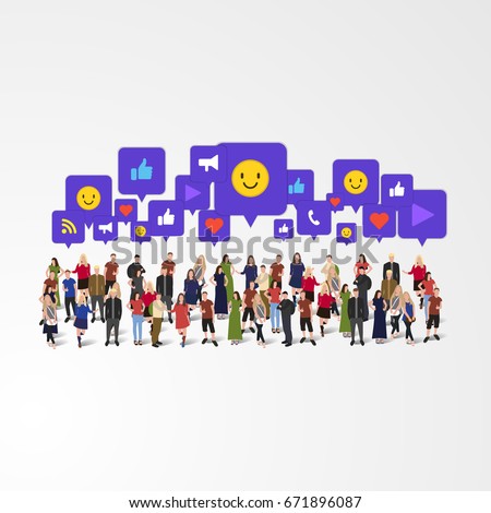 Large group of people with different signs: like, thumb up, phone call, heart, play, wifi, share. Social network concept. Vector illustration.
