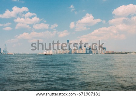 New York Manhattan island landscape on sunny day.