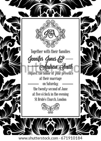Damask victorian brocade pattern design for wedding invitation in black and white. Floral swirls royal frame and exquisite monogram.