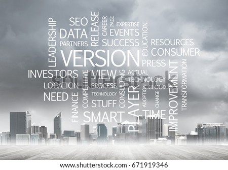 Concept of modern business with keywords collage on cityscape background