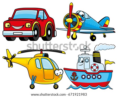 Car, airplane, ship and helicopter.