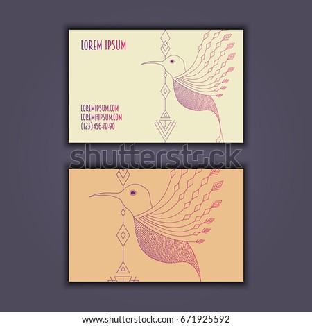 Vector vintage visiting card set. Glowing shiny geometric bird. Luxury design