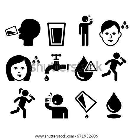 Thirsty man, dry mouth, thirst, people drinking water icons set  Royalty-Free Stock Photo #671932606