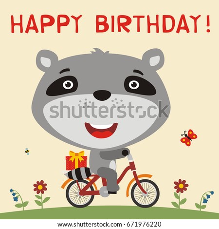 Happy birthday! Cute raccoon rides on bike with gift. Greeteng card.