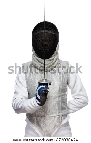 Portrait of Young woman fencer wearing mask and white fencing costume and holding the sword in front of her. Isolated on White Background Royalty-Free Stock Photo #672030424