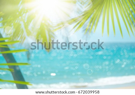 Blur beautiful nature green palm leaf on tropical beach with bokeh sun light wave abstract background.Copy space of summer vacation and business travel concept. Vintage tone filter effect color style