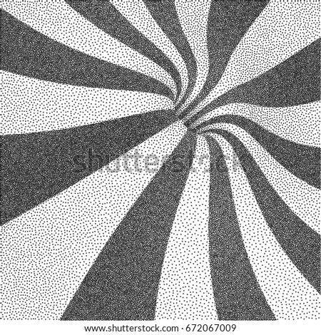 Abstract swirl background. Black and white grainy dotwork design. Pointillism pattern with optical illusion. Stippled vector illustration.