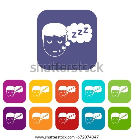 Boy head with speech bubble icons set vector illustration in flat style In colors red, blue, green and other