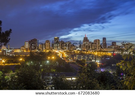 A Wide Long Exposure Shot of Downtown St Paul, Minnesota during a Summer Blue Hour
