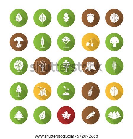 Tree types flat design long shadow glyph icons set. Forest, park. Forestry. Vector silhouette illustration