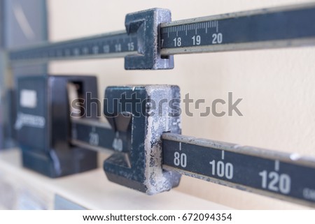 Part of old used dark scale in clinic of doctor Royalty-Free Stock Photo #672094354