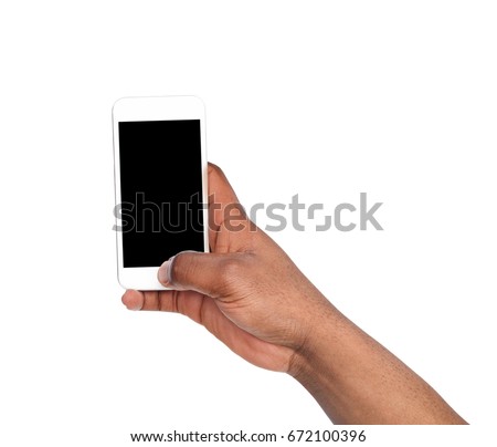Man taking picture using smart phone. Black hand holding smartphone and shooting photo, isolated on white